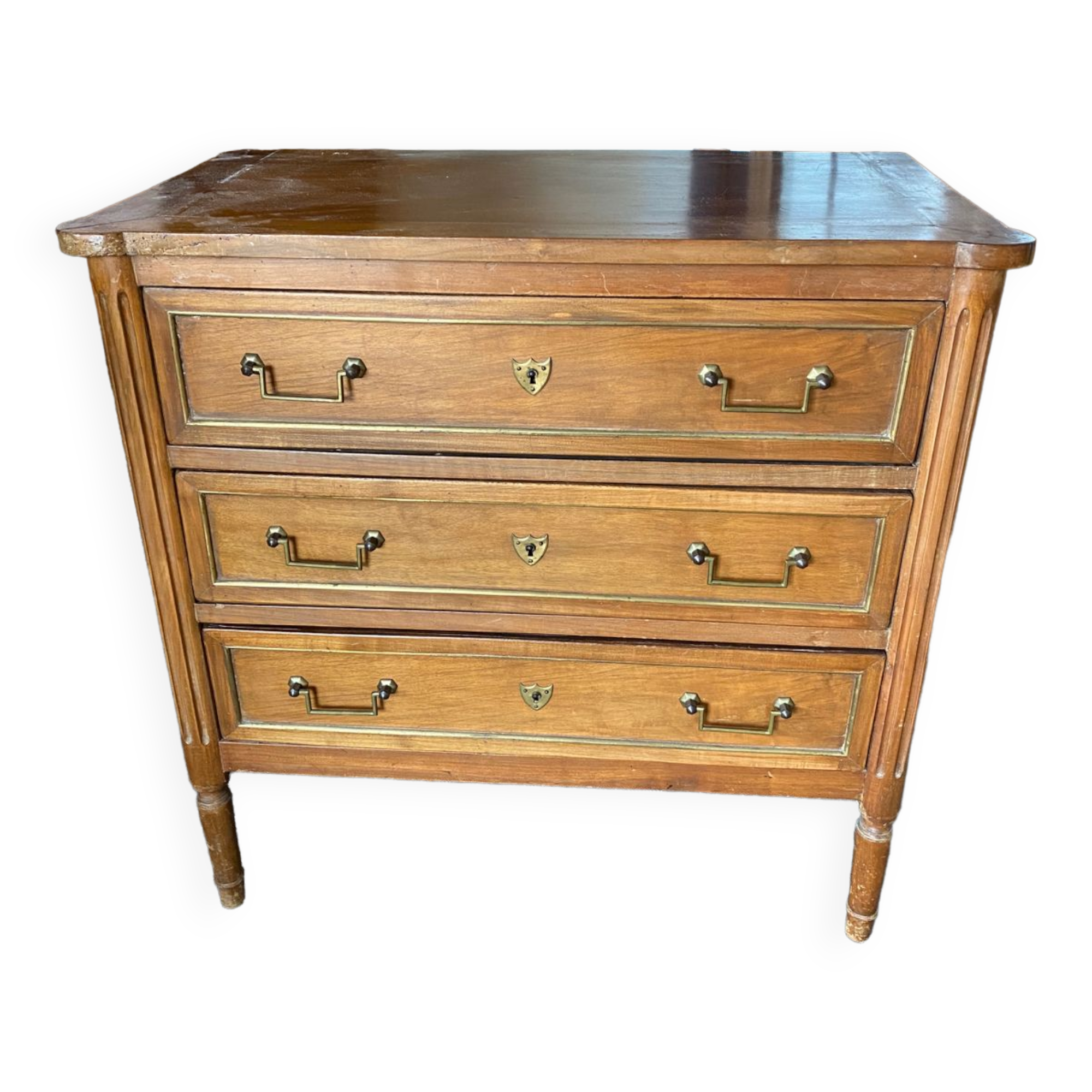 Antique wooden chest of drawers gilded brass cuffs