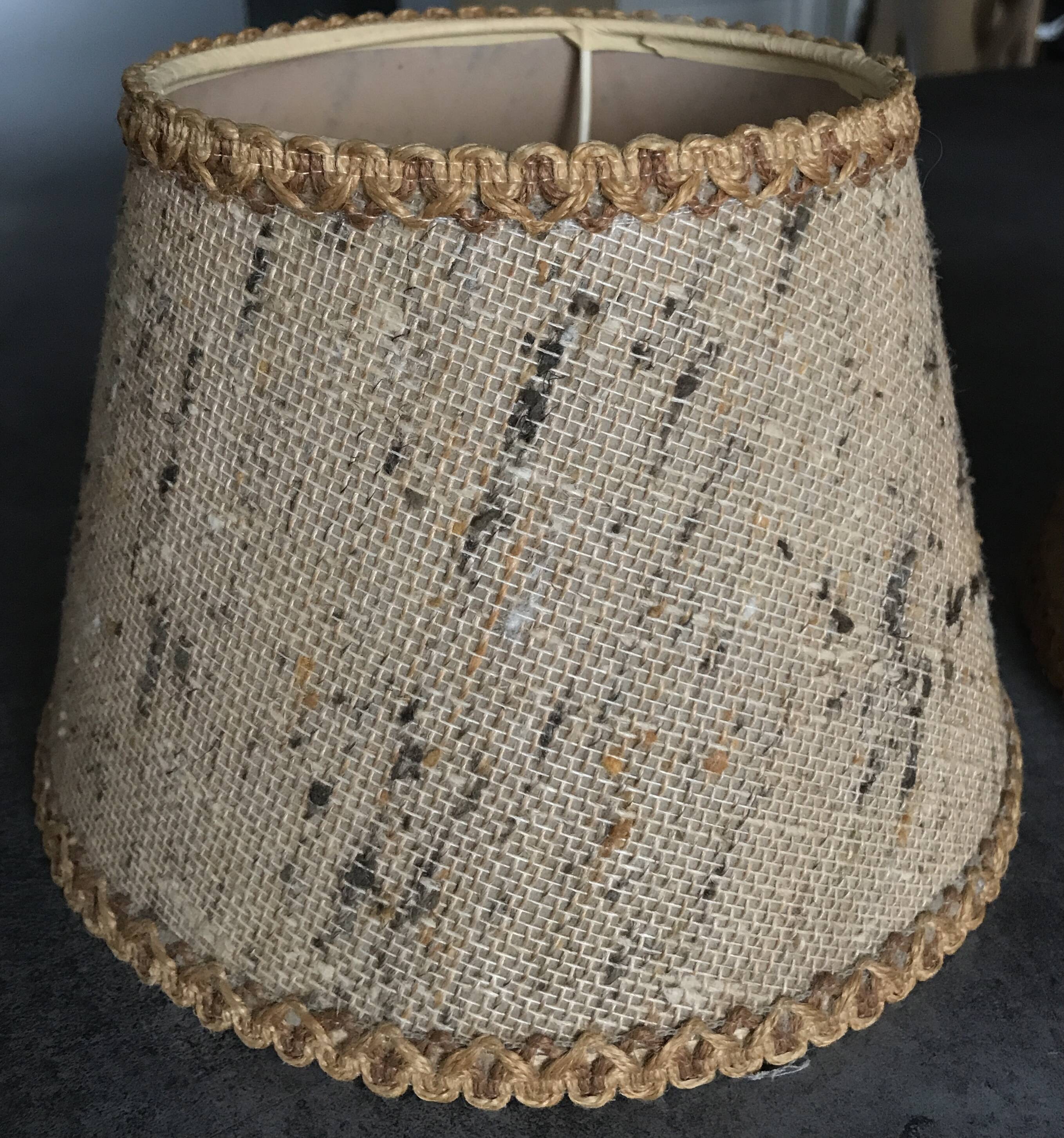 Pair of vintage burlap and braid lampshades