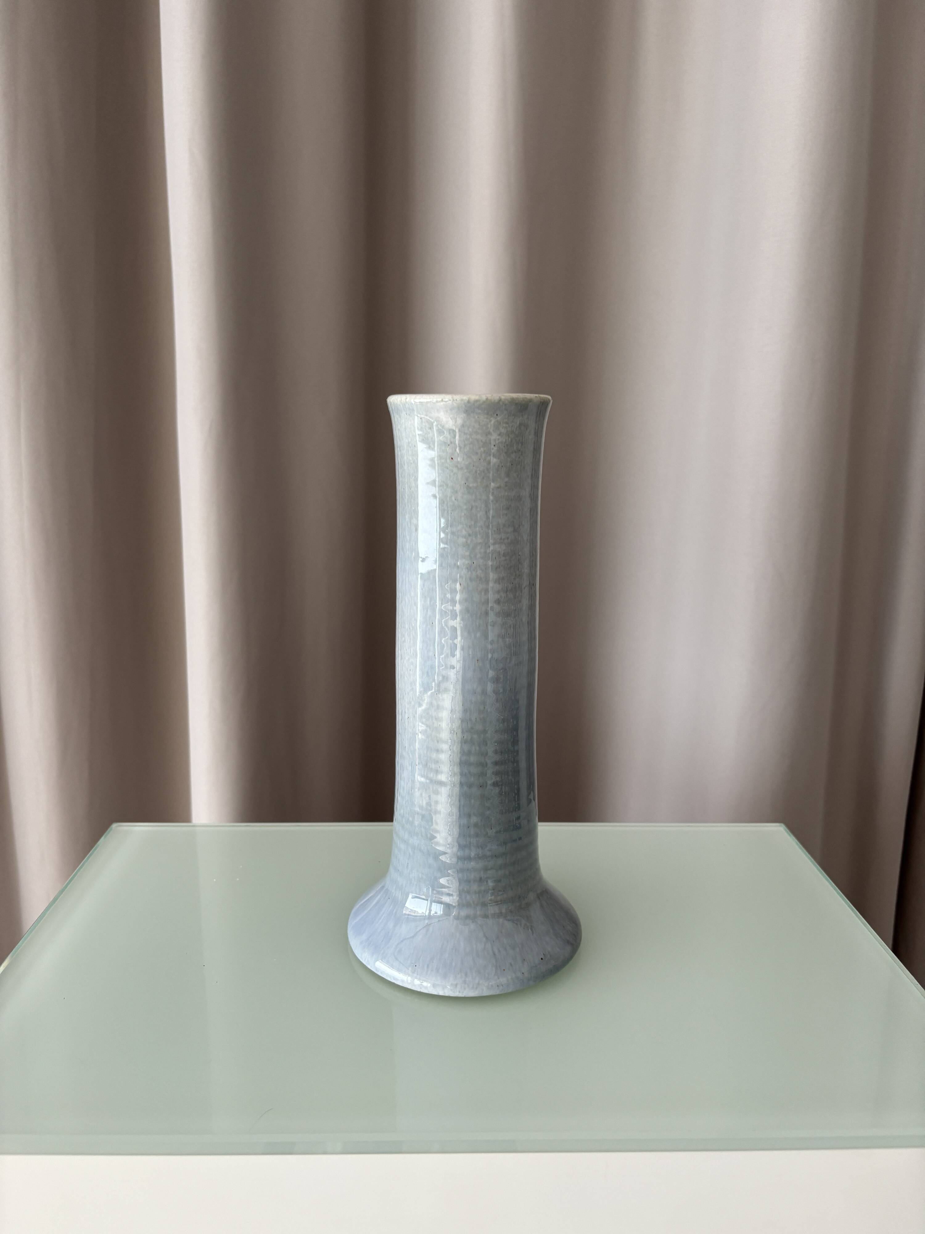 Tall Vintage Studio Pottery Vase – Pale Blue & Brown Glaze