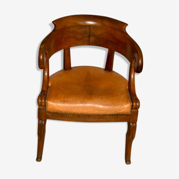 Fauteuil de bureau ancien en cuir et bois massif