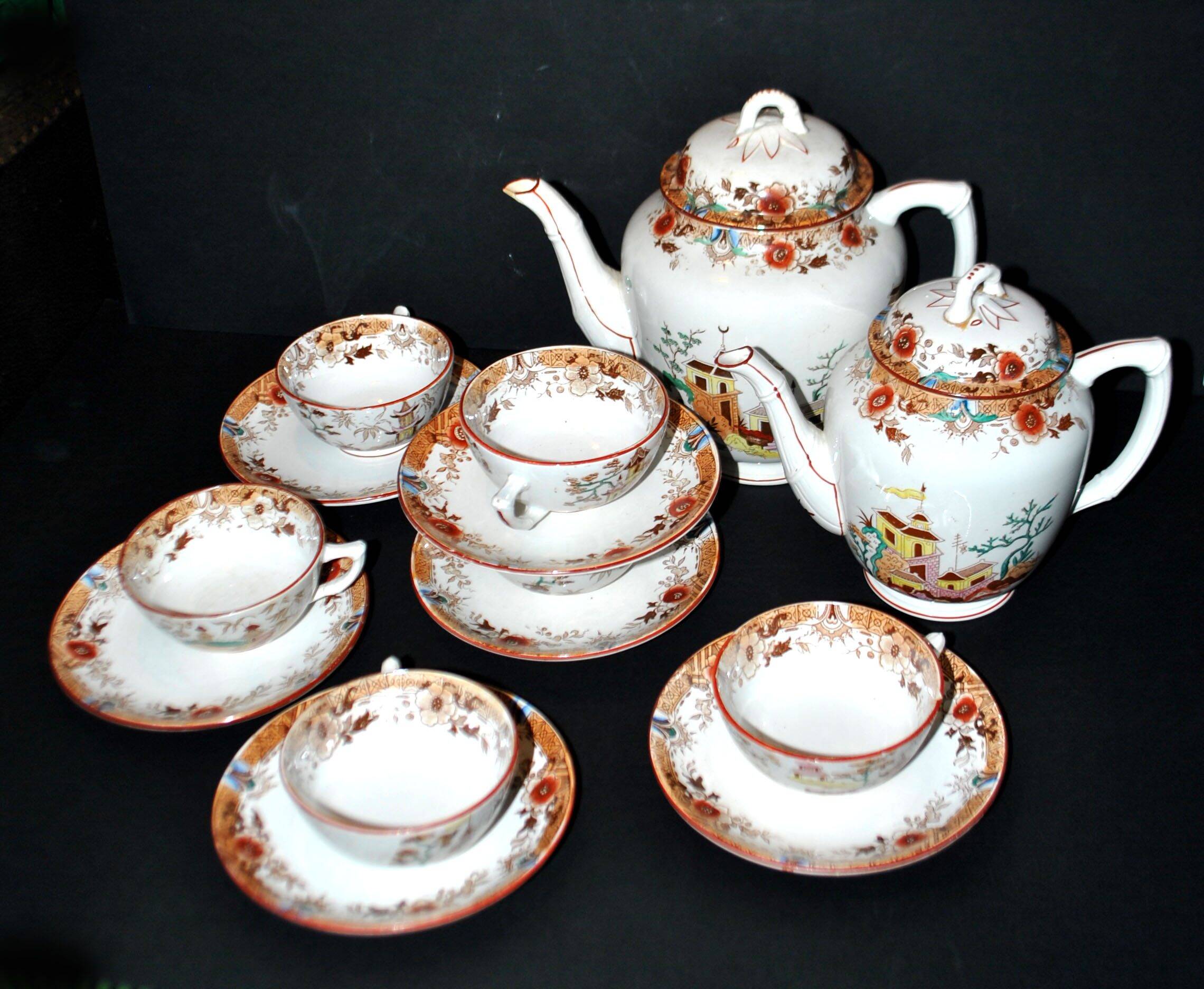 Sarreguemines coffee set 6 cups + 2 earthenware coffee pots with Chinese bamboo decor