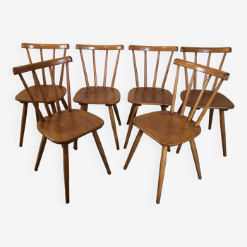 Set de 6 chaises vintage en hêtre lasuré à barreaux et pieds compas