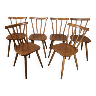 Set de 6 chaises vintage en hêtre lasuré à barreaux et pieds compas