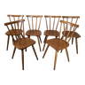Set de 6 chaises vintage en hêtre lasuré à barreaux et pieds compas