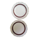 Salins white ceramic dessert plates with red trim and gold rim.