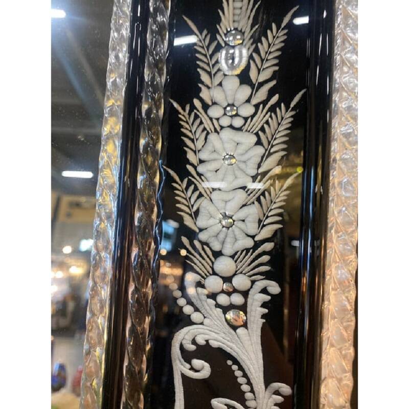 21st Century Venetian Black Floreal Hand-Carving Wall Mirror in Murano Glass