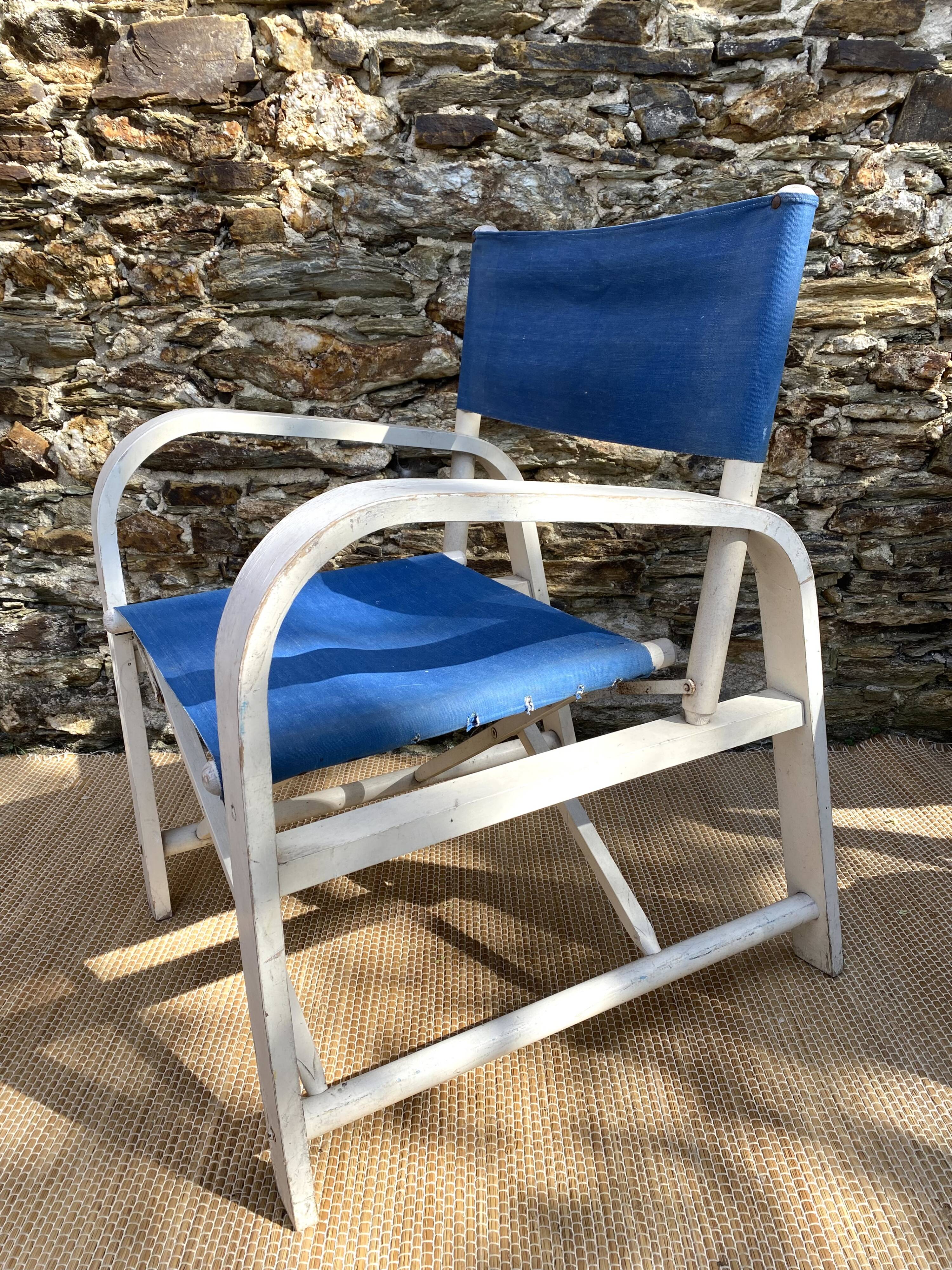 Folding canvas armchair by the sea La Baule 1960s