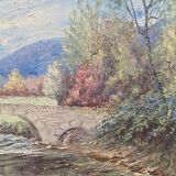 Tableau HST "Paysage vallonné à la rivière" signé (à déchiffrer)