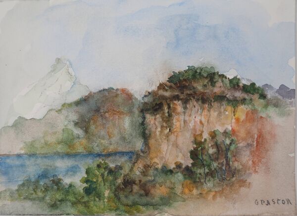 Gilbert Pastor : Sommet enneigé derrière une colline, aquarelle originale signée