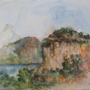 Gilbert Pastor: Snowy summit behind a hill, original signed watercolor