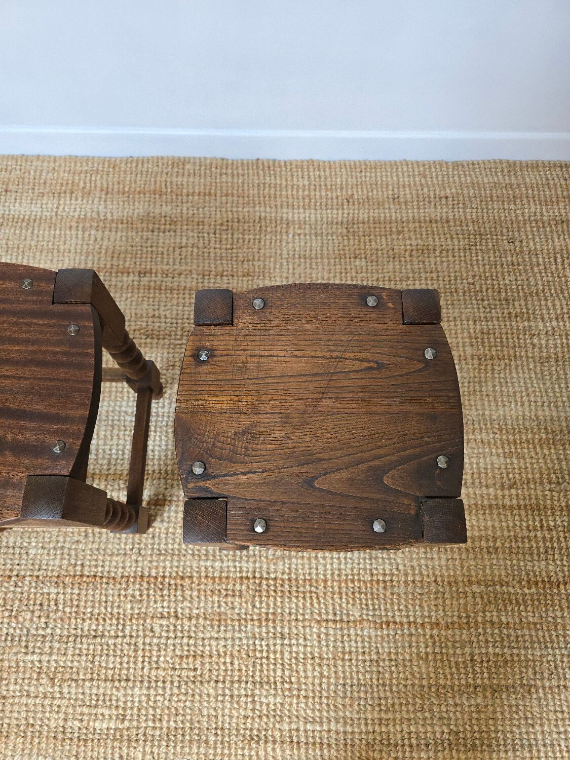Pair of brutalist stools in turned wood, Charles Dudouyt style, 1950s