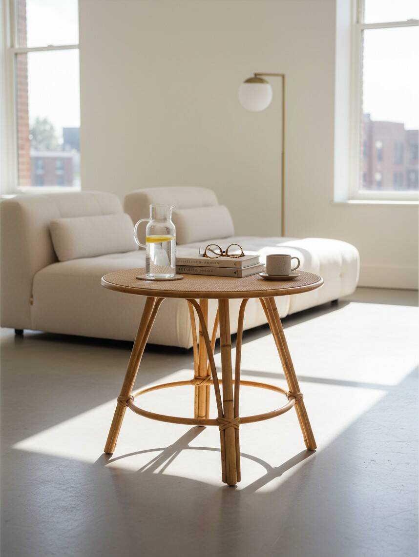 Table d'appoint tripode vintage en rotin et bambou (Ø44 cm) – Style Riviera