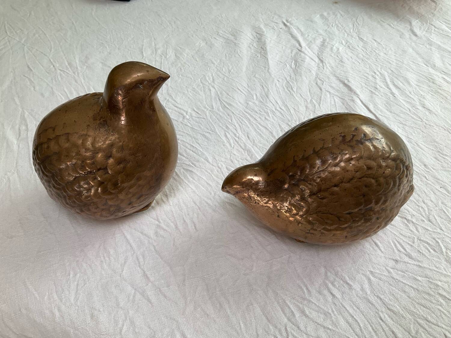 Pair of Art Deco copper quails