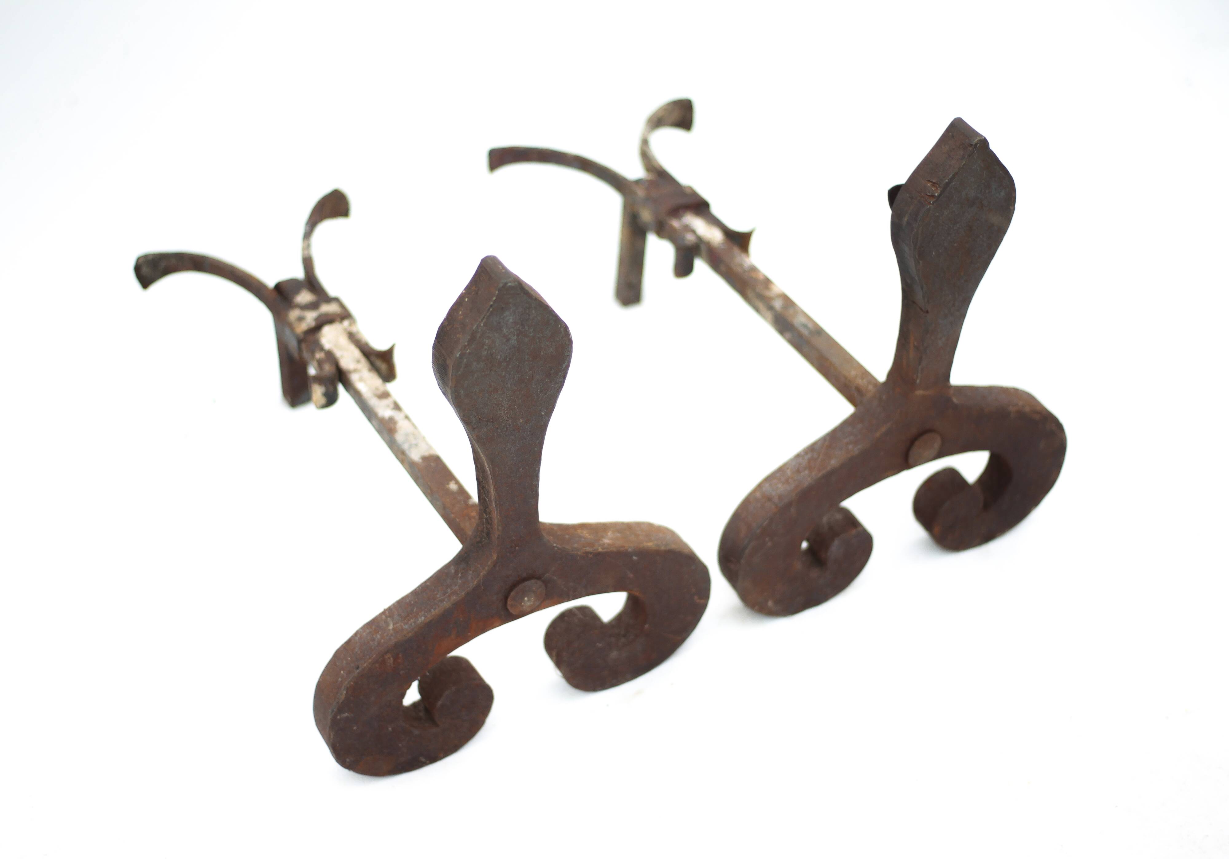 Vintage chenets, pair of brutalist chenets, fireplace accessory.