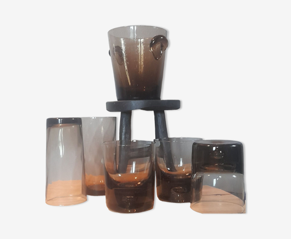 Set de verres et seau à glaçons soufflé bouche verre fumé ambré - vintage