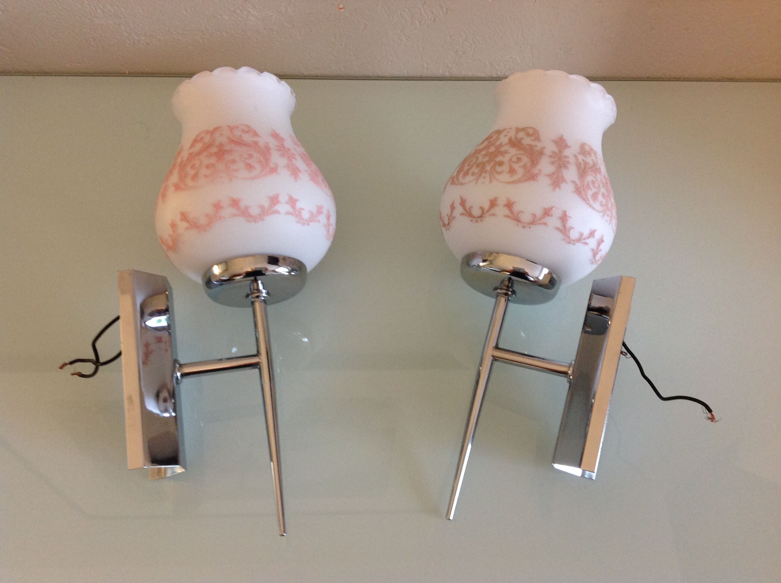 Pair of white opaline and chromed metal / vintage wall lamp 60s-70s