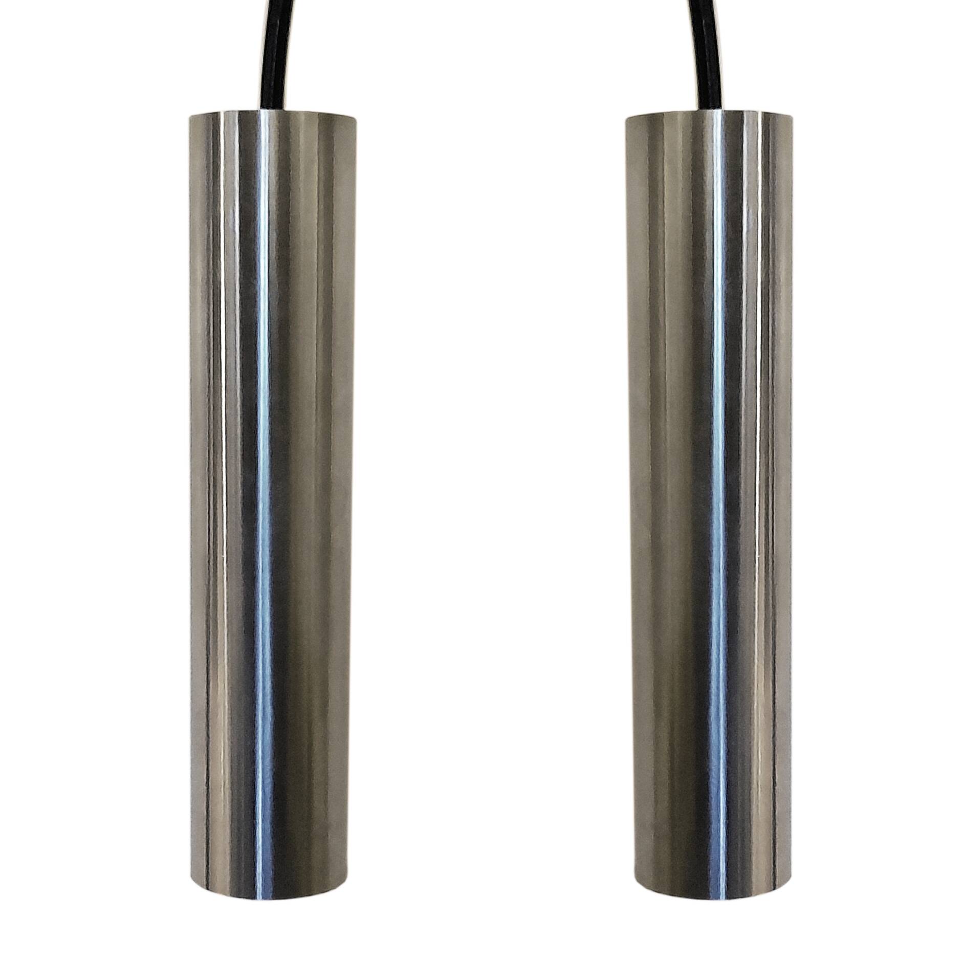 Pair of still tube pendant lights in polished stainless steel, 1970s, new