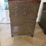 2 armchairs in woven rattan and wood, 1980s