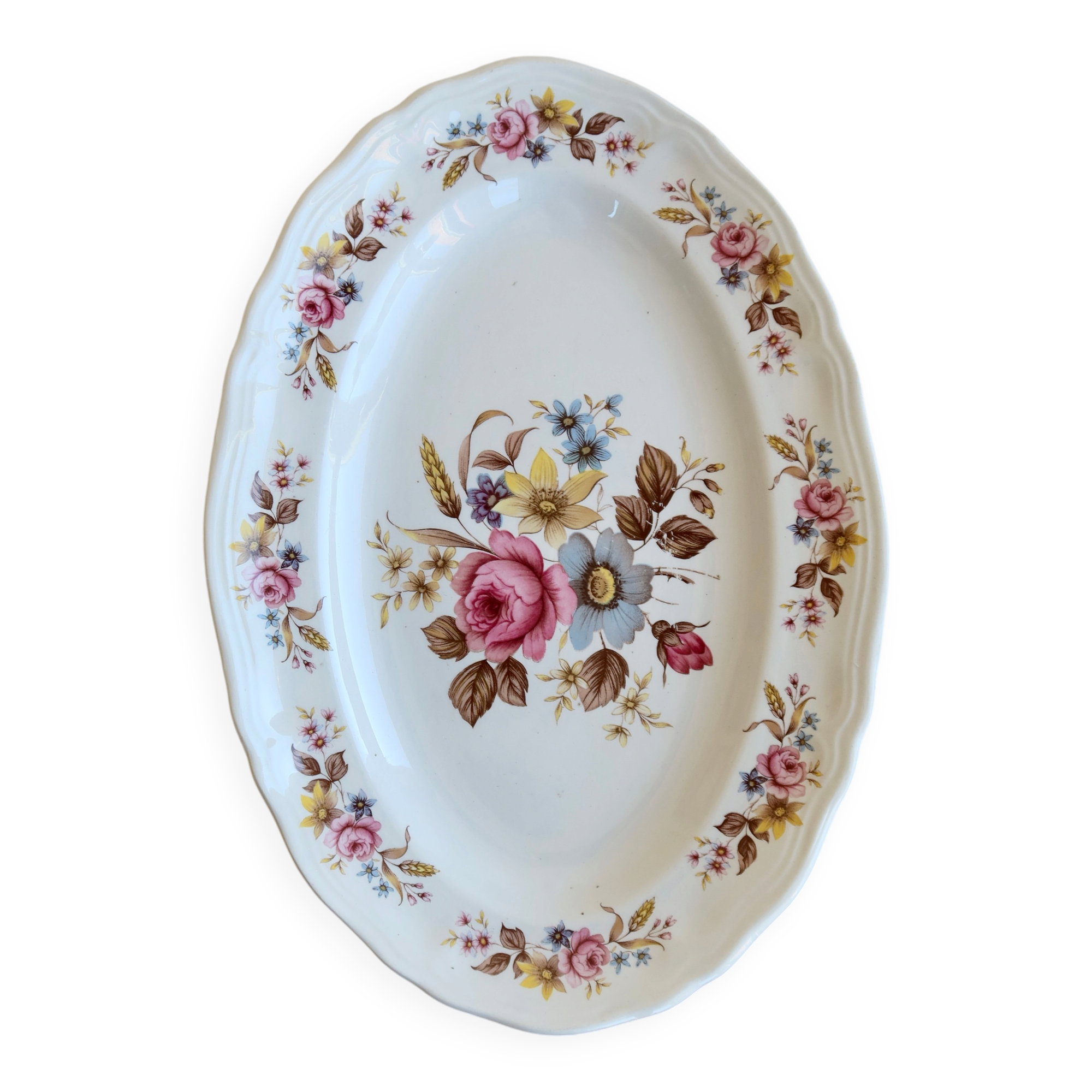 Ravier vintage Moulin des Loups porcelaine blanche - Décor bouquets