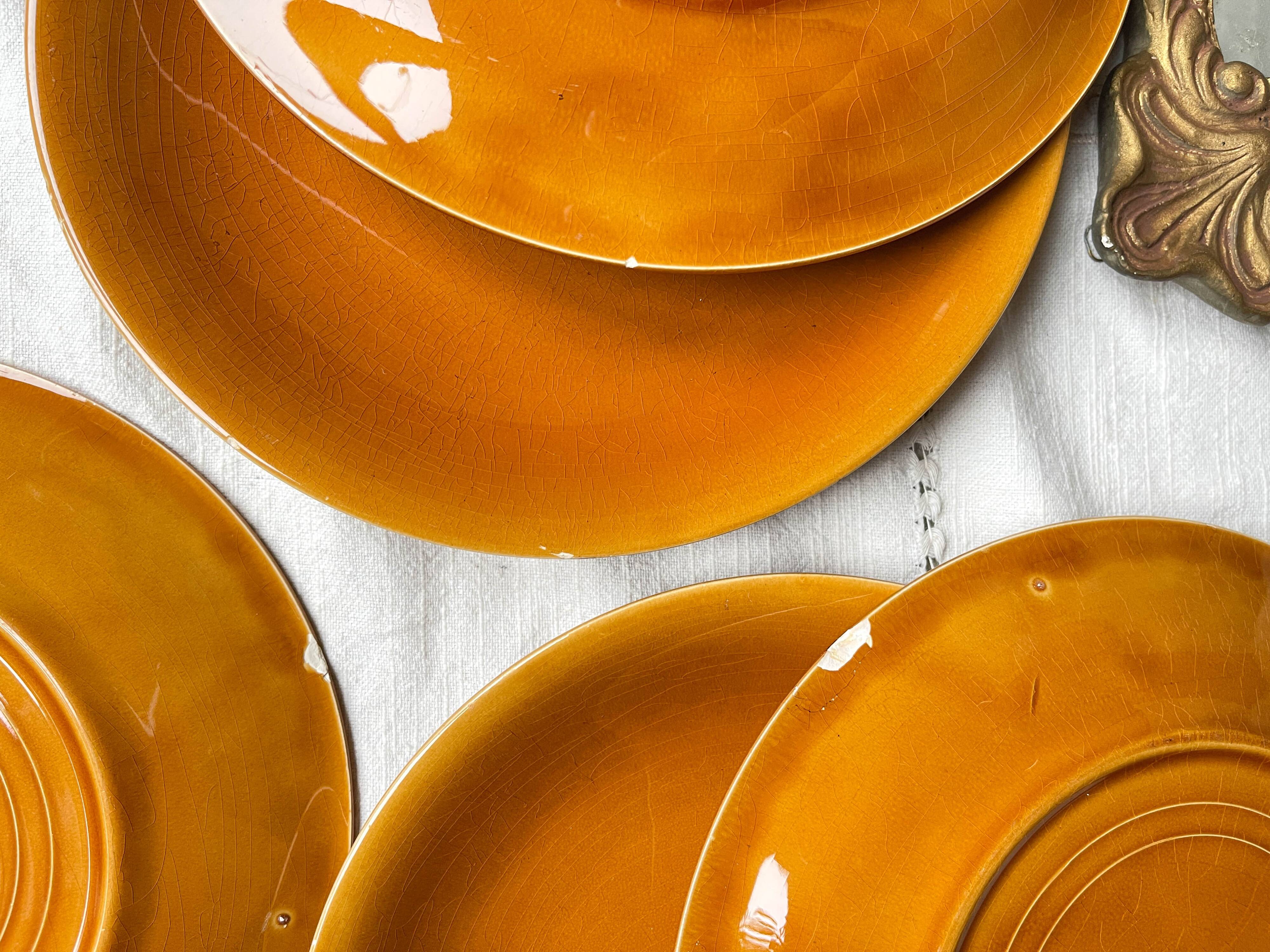 6 Vintage Longchamp amber earthenware plates, France 1970