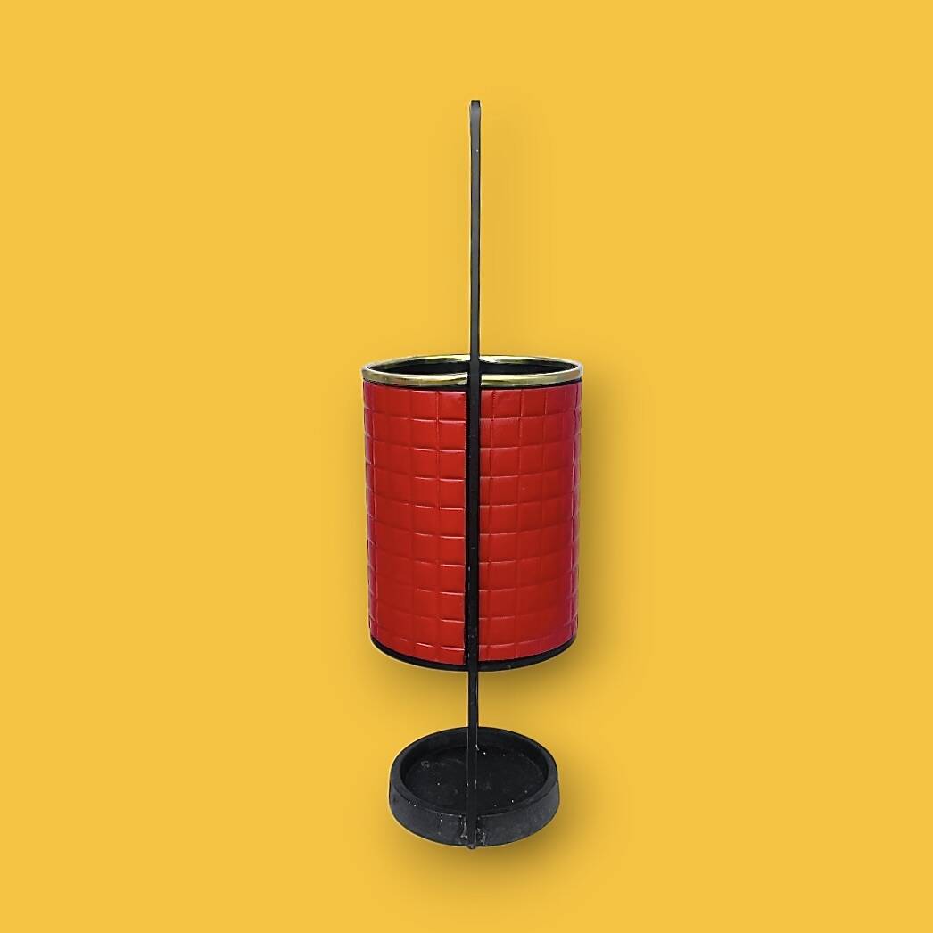 Antique wrought iron and red leatherette umbrella stand – 1960s