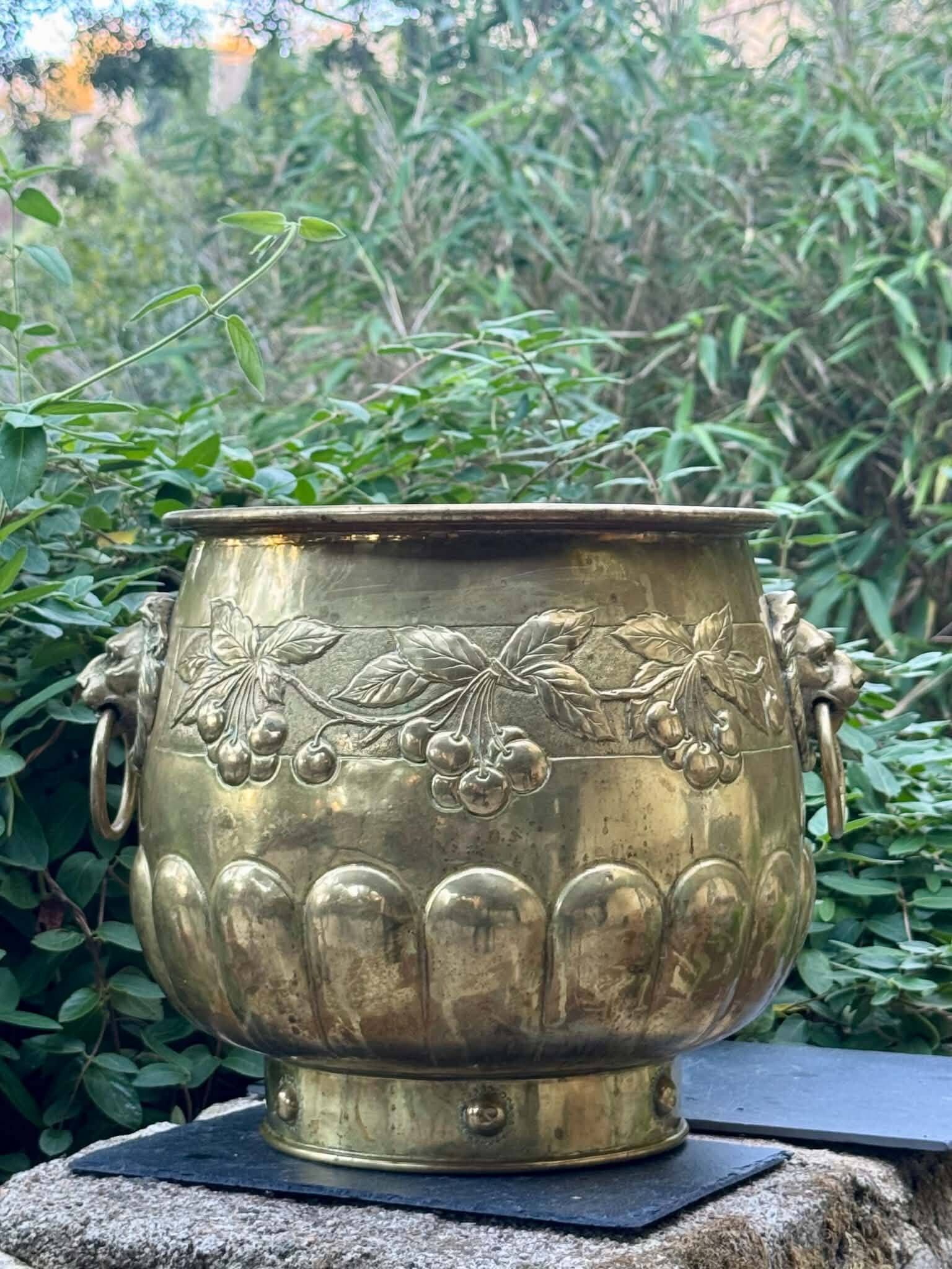 Large brass lion planter with a hallmark from the 19th century.