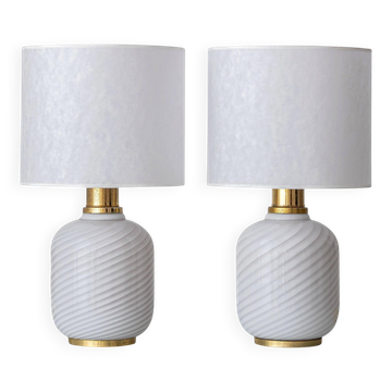 Murano Glass Table Lamps from the 1970s, White Opaline and Brass