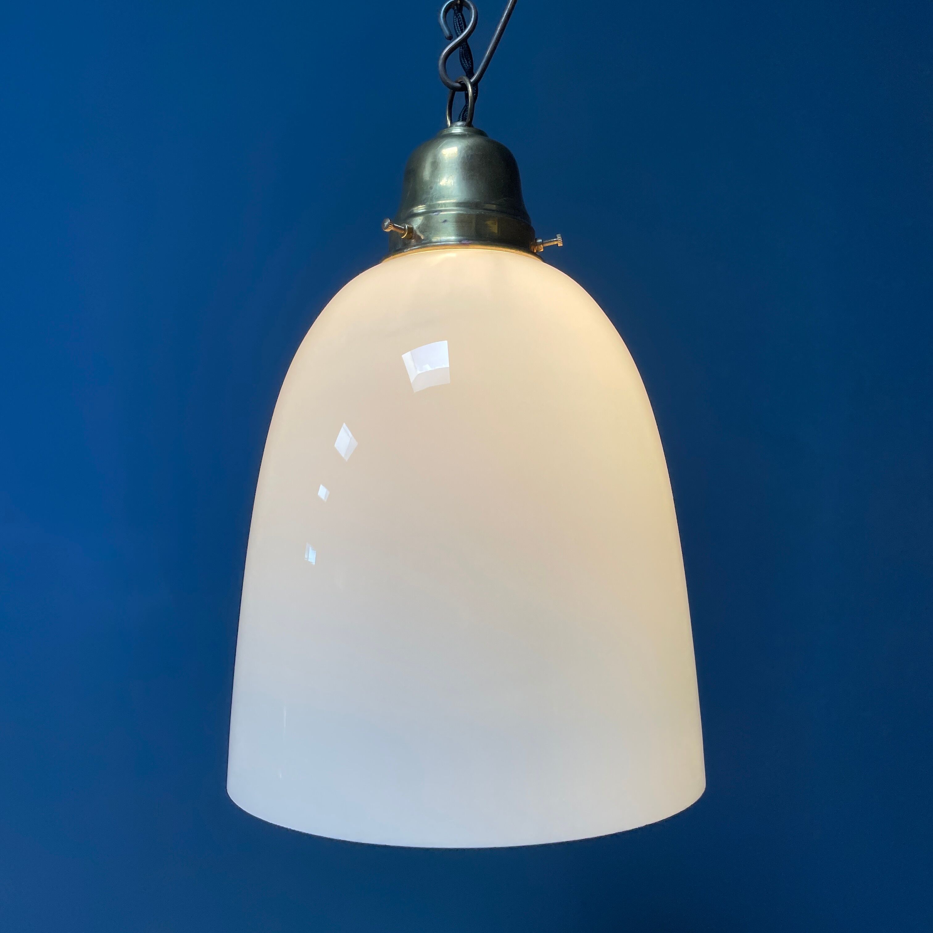 High opaline glass pendant lamp with brass fixture
