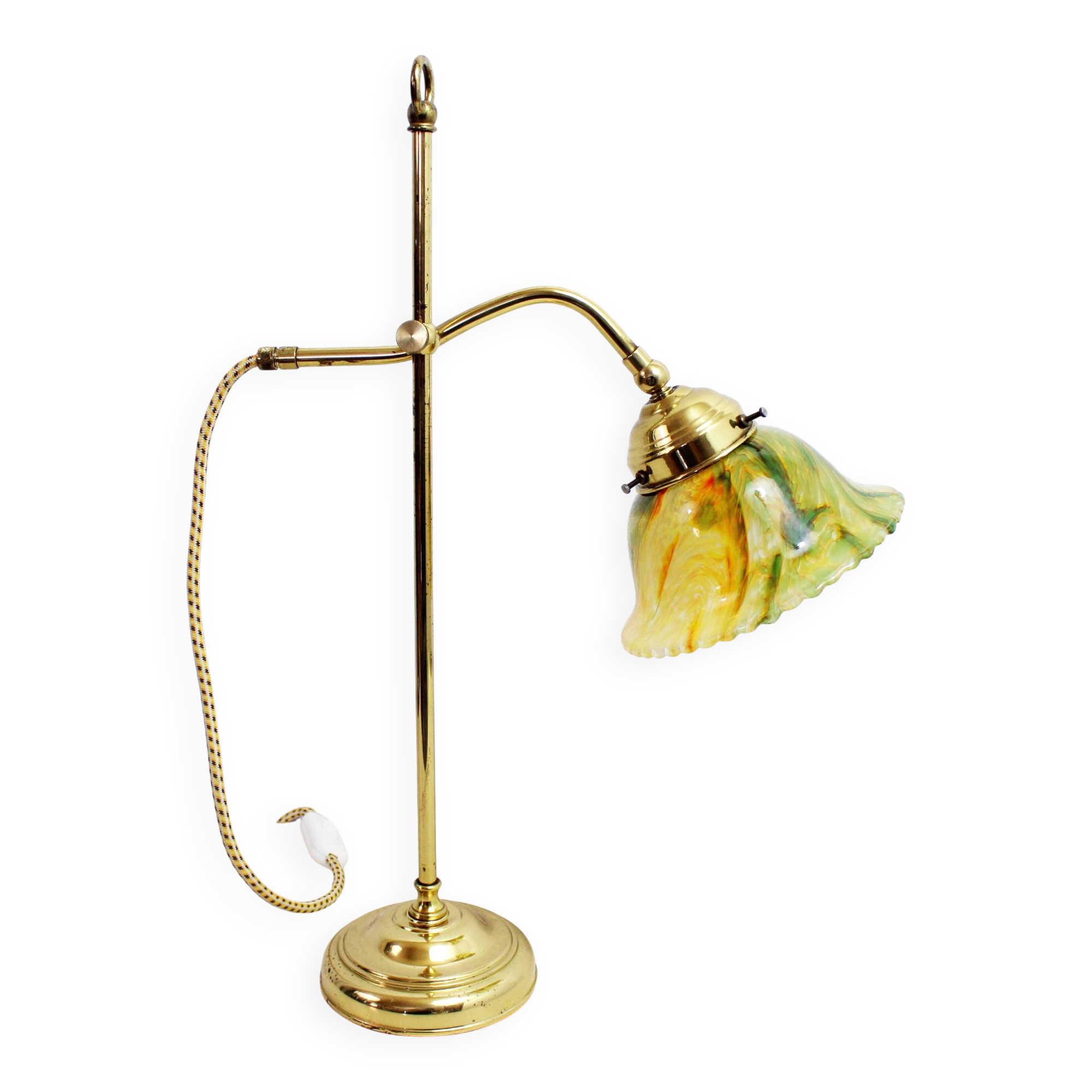 Brass and glass swan neck lamp