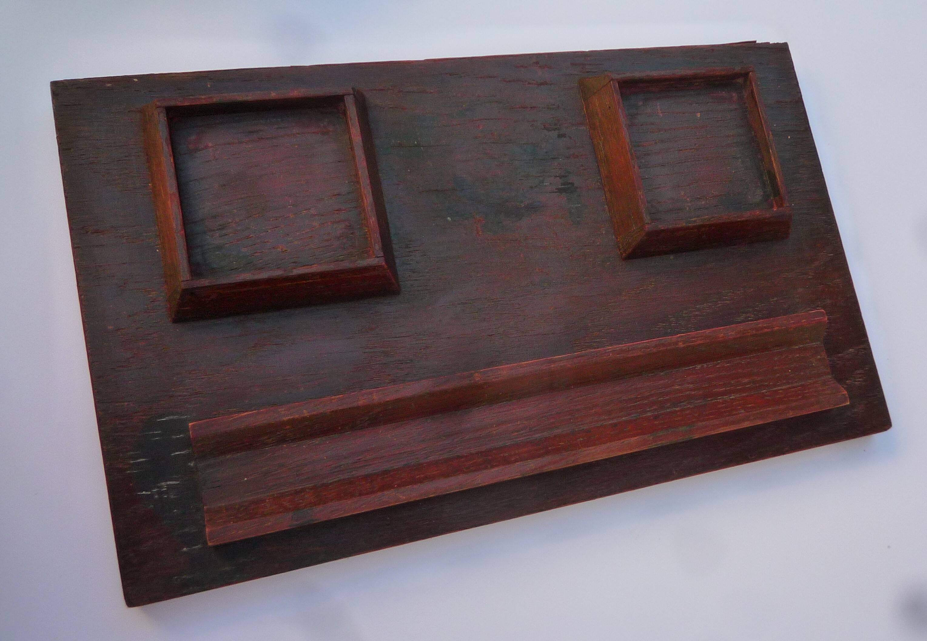 Wooden writing set including two glass inkwells, circa 1950