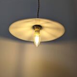Vintage suspension in white opaline, elegant light fixture with soft light.