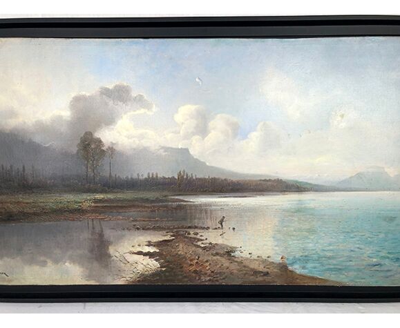 Jean Marie Reignier, oil on canvas. "Lac du Bourget. Pointe de Nivolet and  Monts Granier". XIX | Selency