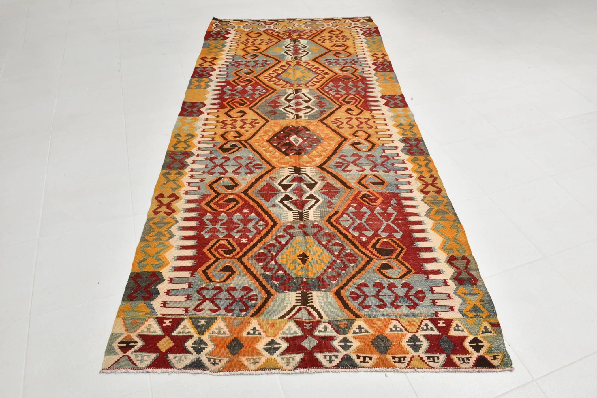 5x10 Red & Orange Geometric Vintage Kilim Rug,142x302Cm