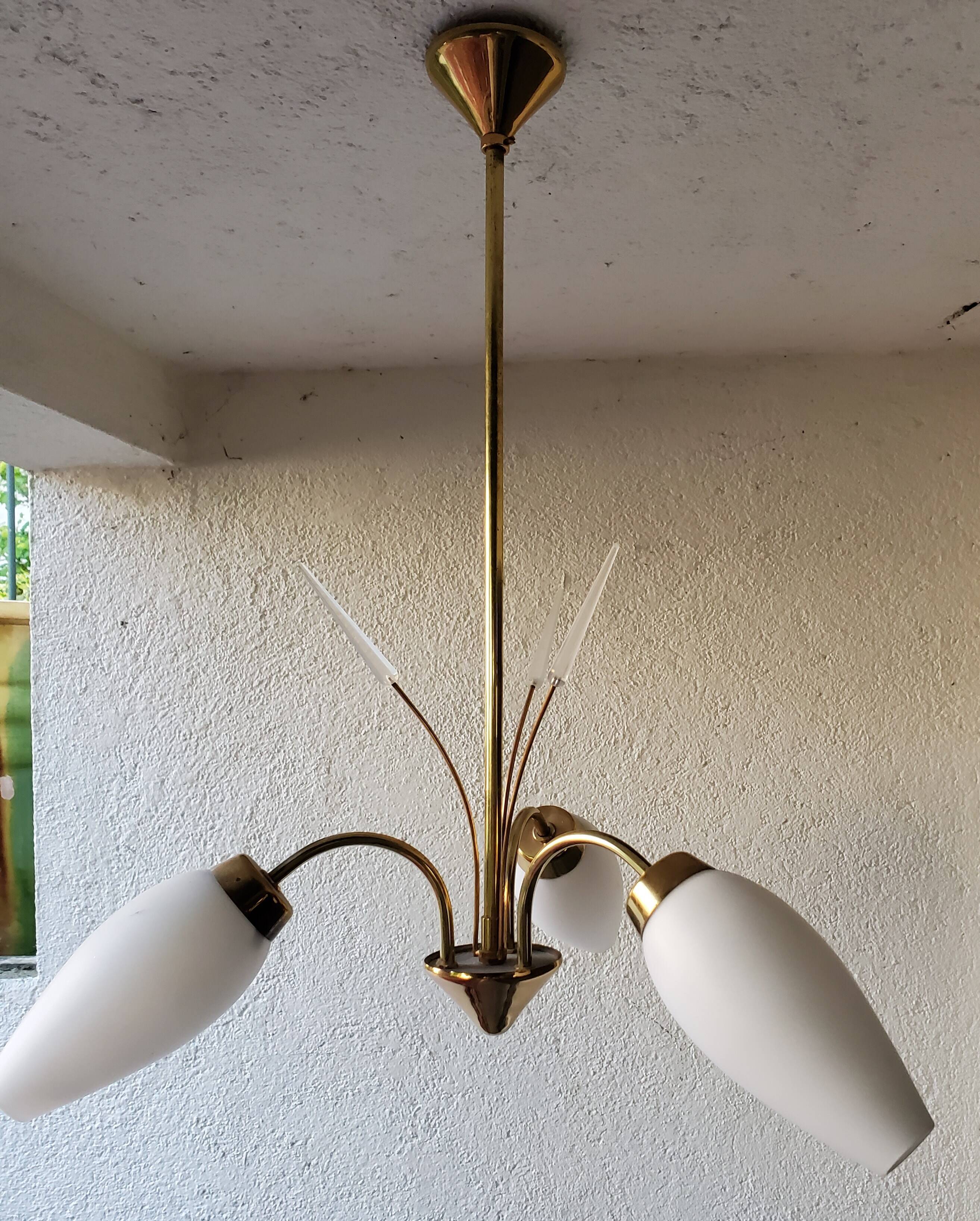 60's opaline and brass chandelier