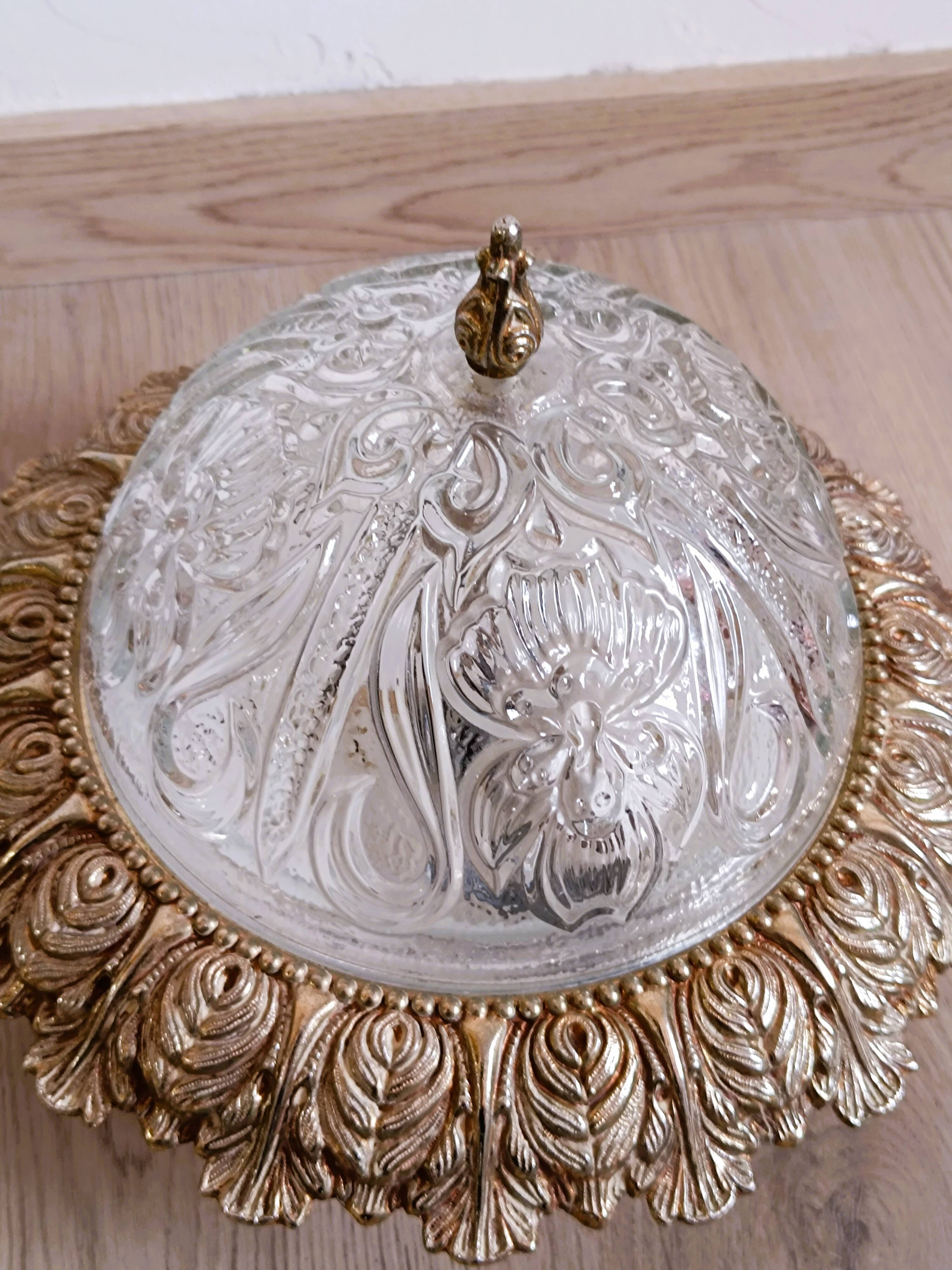 1960s molded glass ceiling light with brass crown