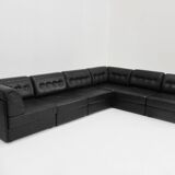 Canapé modulable vintage en cuir noir des années 1970