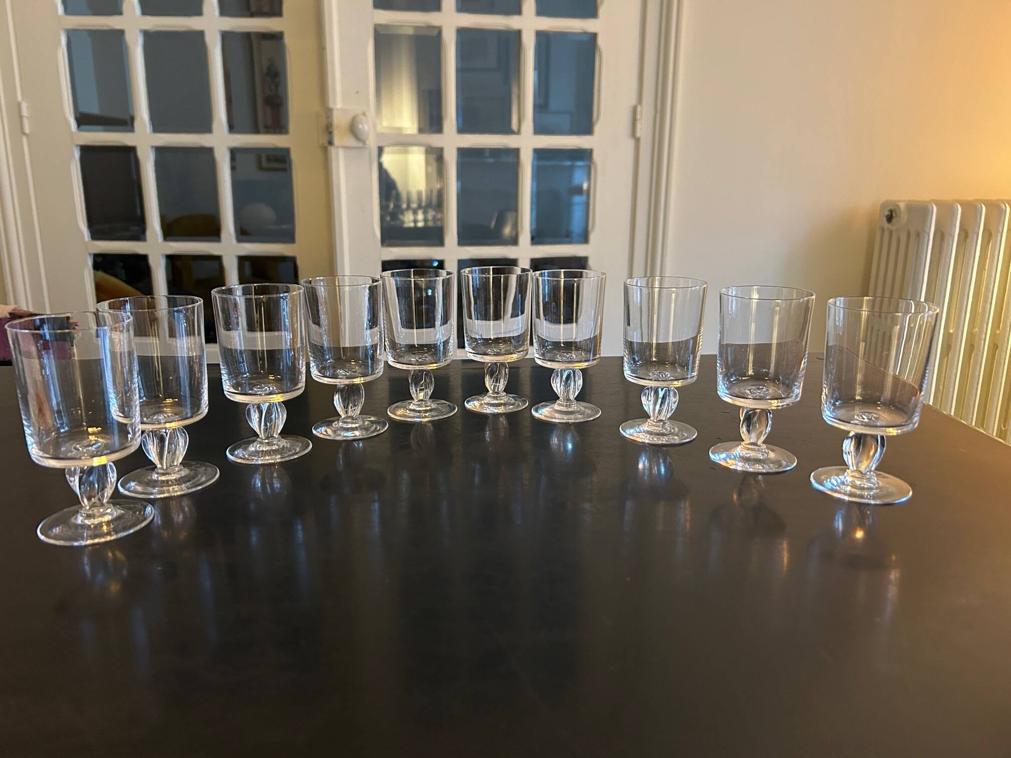10 old glasses with twisted stems