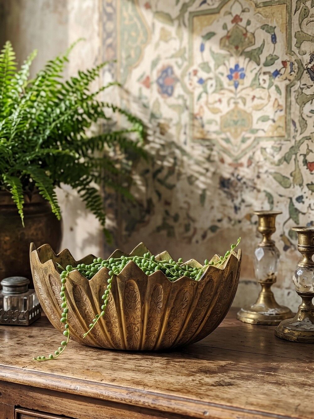 Antique Indian brass jardinière, circa 1920-1940.