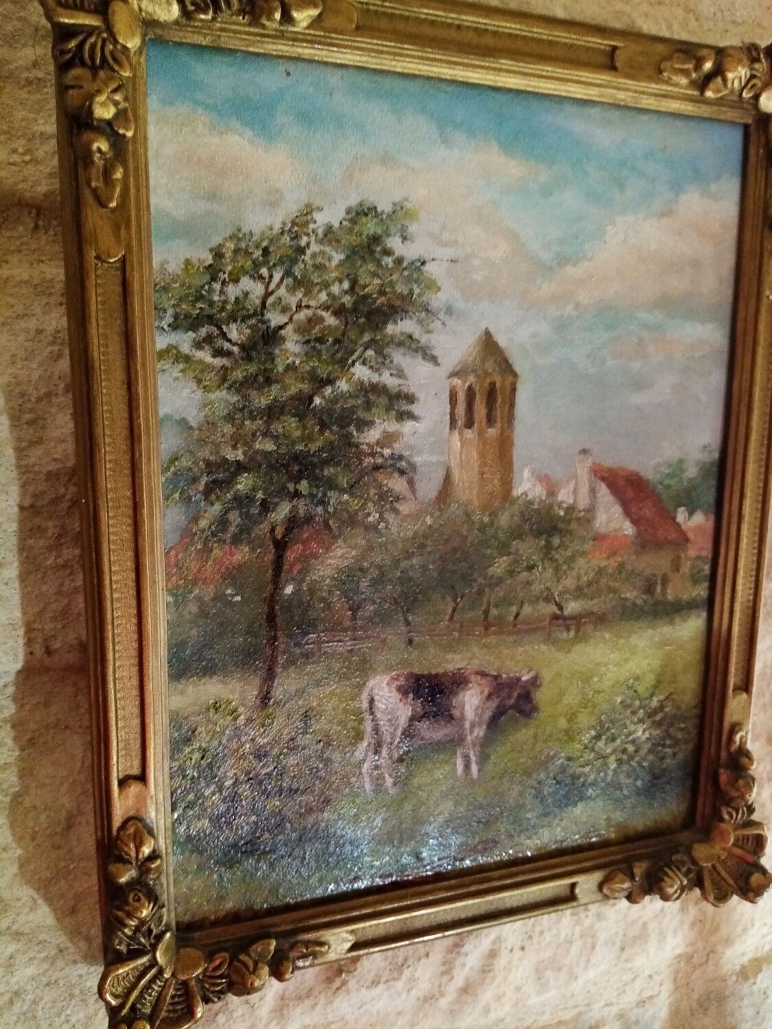 Oil painting on panel cow grazing