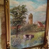 Oil painting on panel cow grazing