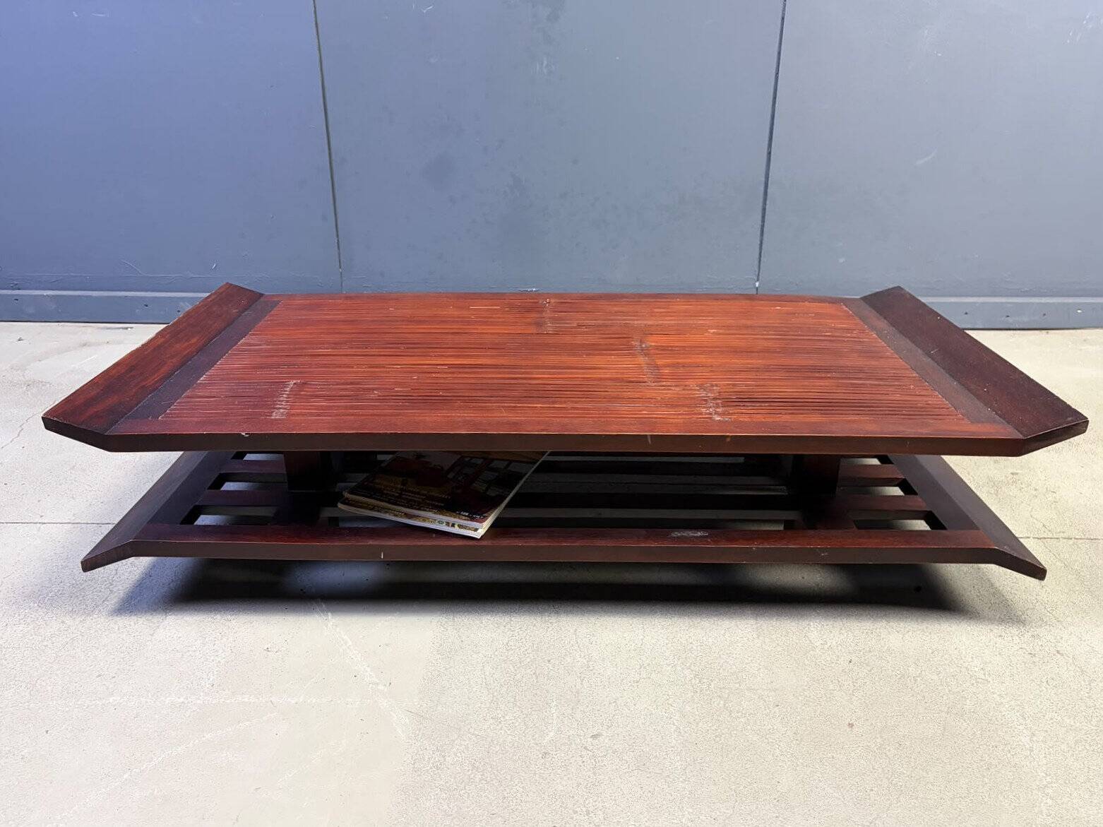 Two-tiered pagoda Wabi Sabi style coffee table in wood and bamboo, 1970s