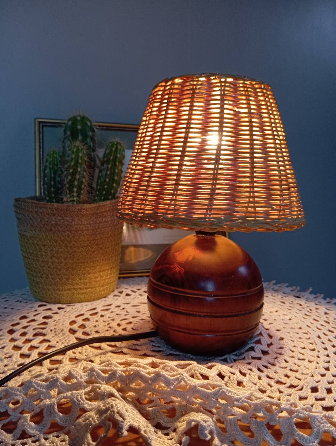 Vintage wooden and rattan table lamp