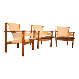 Fauteuils Safari vintage en cuir TRIIENNA par Carl-Axel Acking pour NK, Suède, années 1960, set de 3