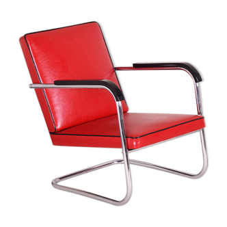 Fauteuil Anton Lorenz en cuir rouge fabriqué dans les années 1930 en Allemagne