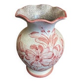Vintage White Ceramic Vase with Pink Flower Decoration Made in Italy