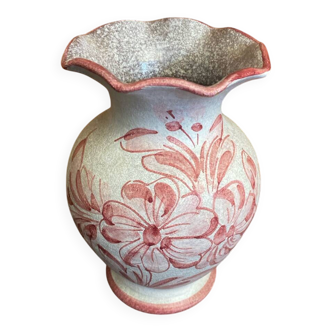 Vintage White Ceramic Vase with Pink Flower Decoration Made in Italy