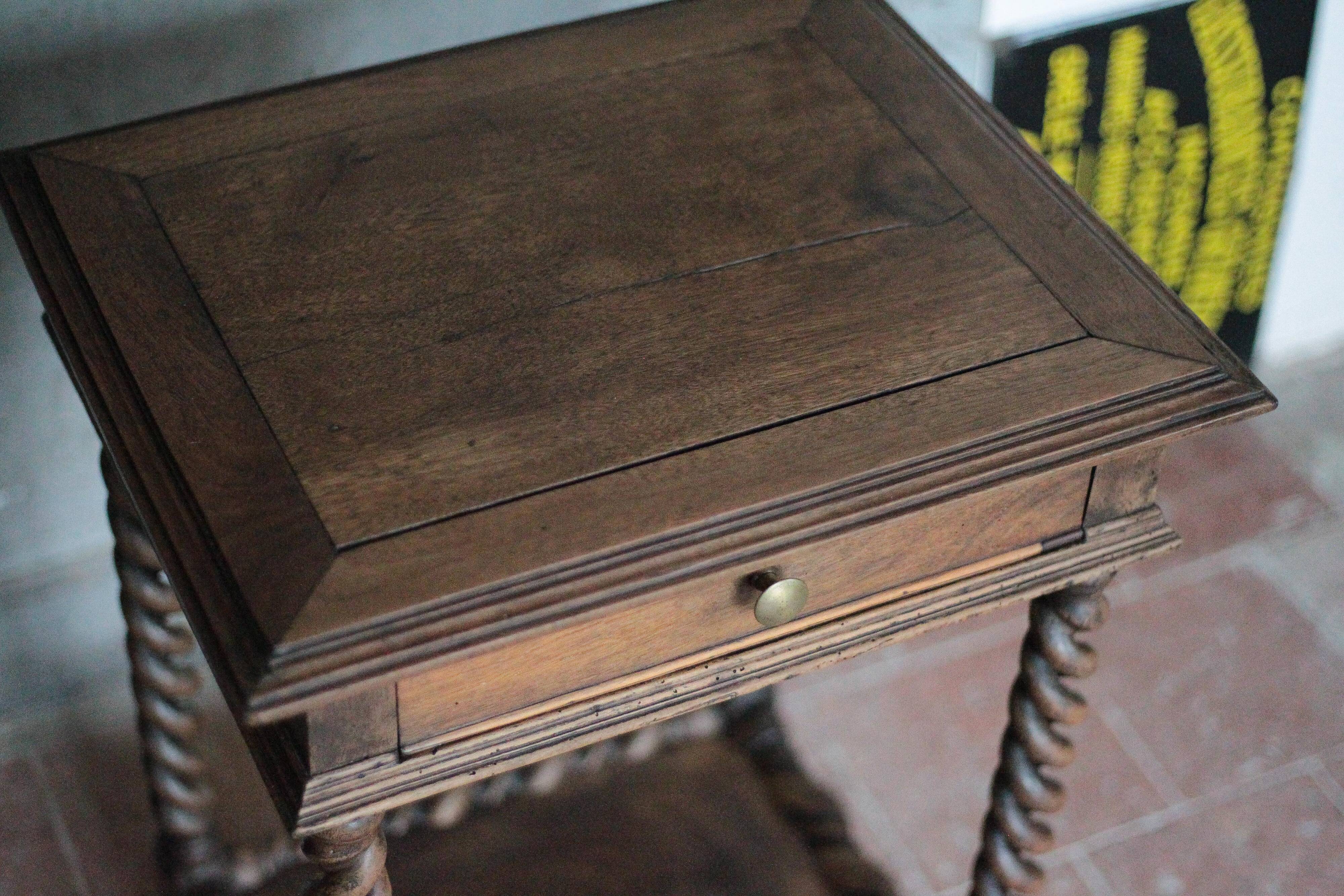 Antique turned wood bedside table with drawer, side table, nightstand