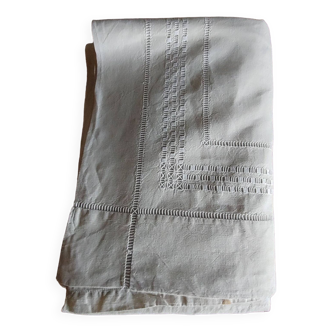 Old linen sheet with return - handmade grand jour - 208 x 365 cm