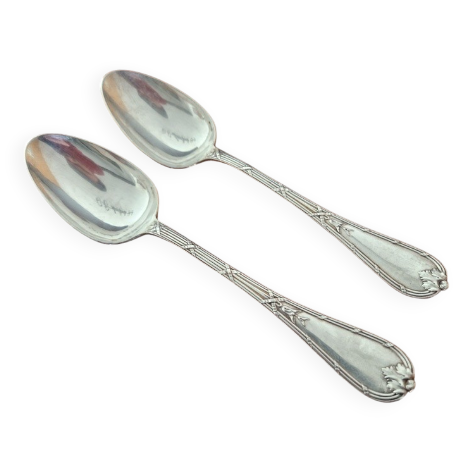 Christofle, Paris - Set of 2 table spoons - Crossed Ribbons model - in silver-plated metal
