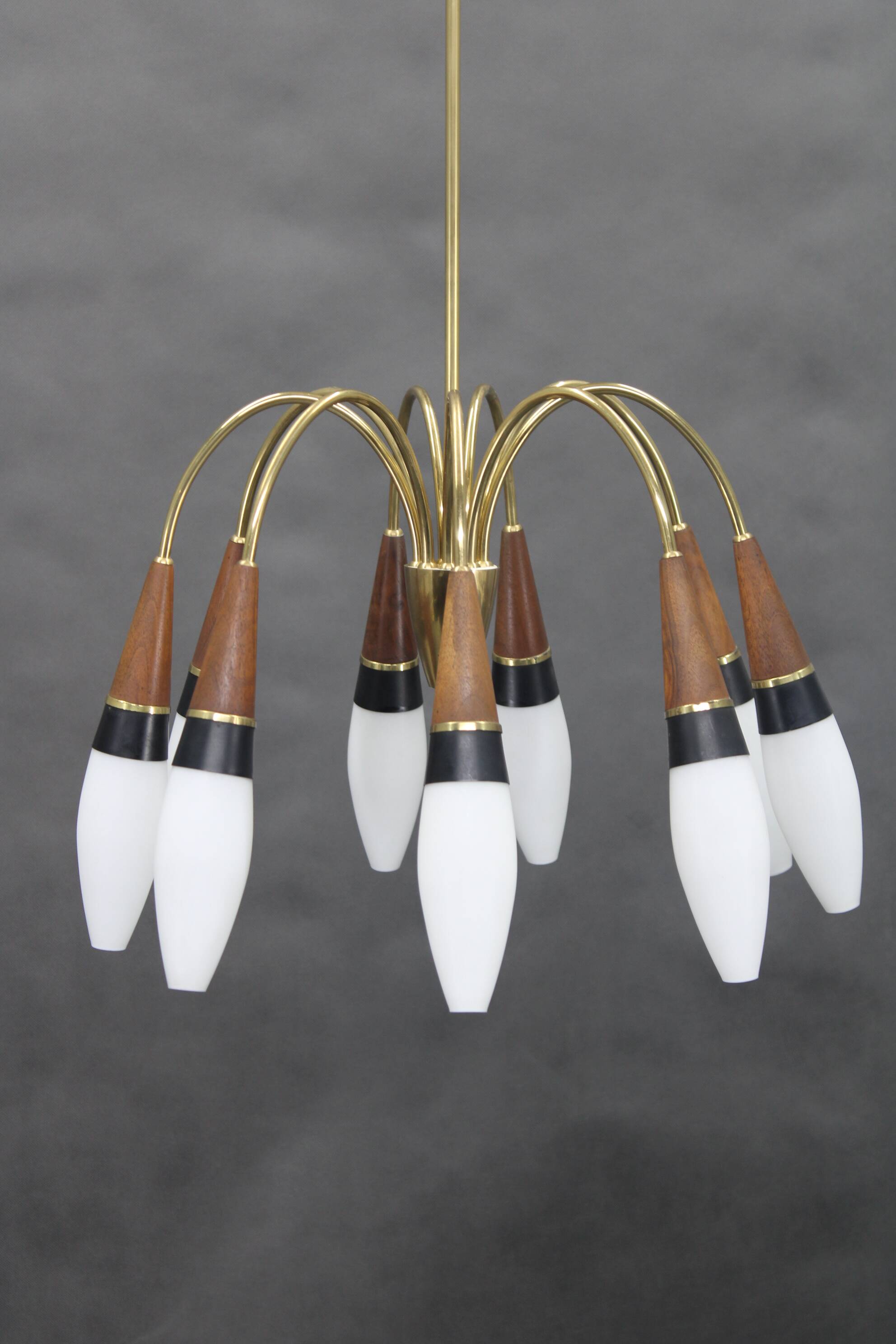 1960s Rupert Nikoll Brass and Teak Opaline Glass Chandelier ,Austria